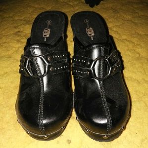 Size 8 leather buckle slide on heel/wedge shoes